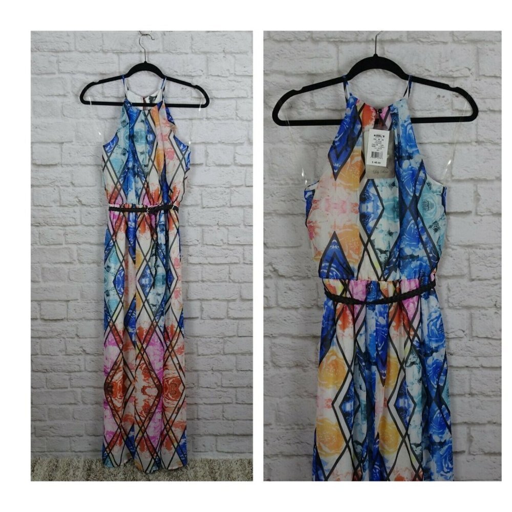 NWT Lily Rose Belted Maxi Dress Halter Neck Sleeveless Floral Boho Geometric XS - Picture 2 of 12